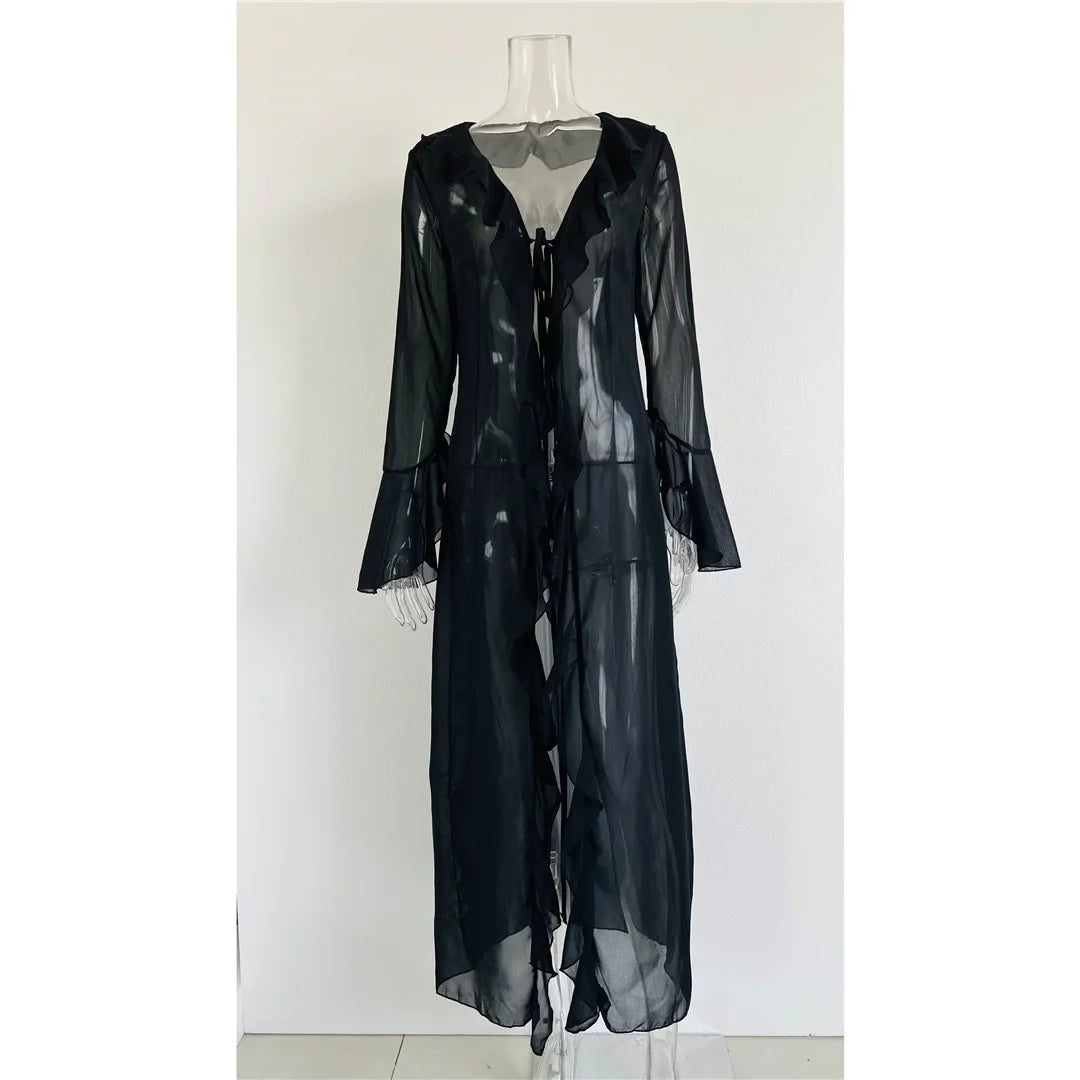 Women's V Neck Ruffled Long Sleeve Dress Chiffon Tunic Beach Cover Up Cover-ups Beach Dress Sunscreen Beachwear Vacation V5976B