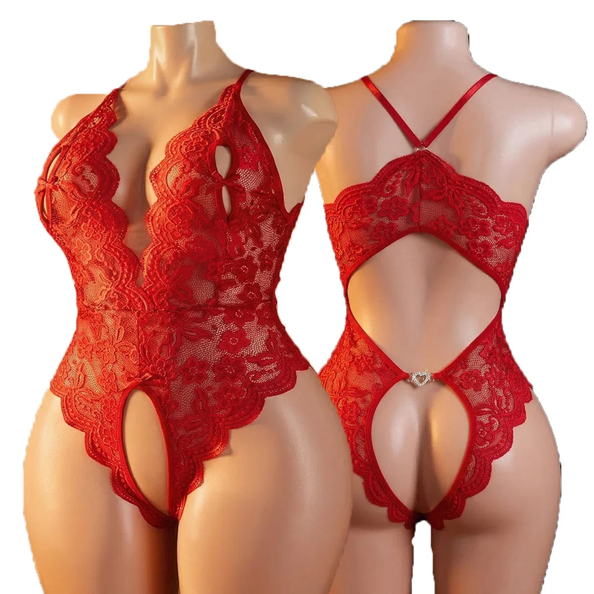 Erotic Hot women Plus Size Lace Halter Teddy Bodysuit Crotchless Criss-Cross Back Deep V Neck Open Crotch sexy Lingerie 1XL-4XL