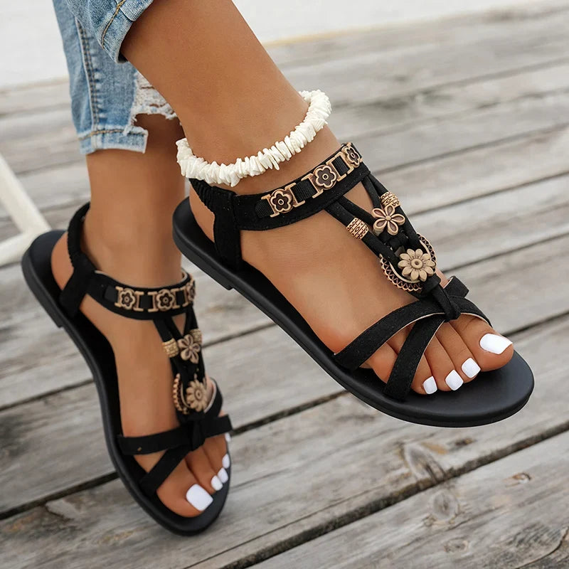 Flowers Decor Flats Bohemian Sandals Women Plus Size 36-43 Summer Gladiator Sandalias Mujer Lightweight Non Slip Beach Sandles