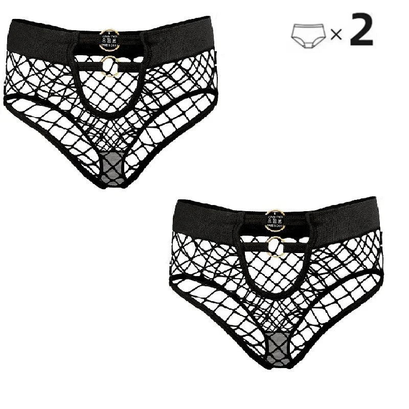 2pcs Sexy Women's Panties Briefs  Elasticity Underwear Mid Waist Fishnet Lingerie Ladies Hollow Out Transparent Underpants