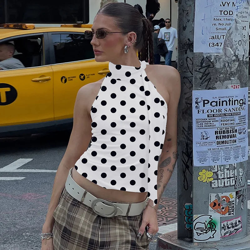 FDYOUI Elegant Bandage Off Shoulder Polka Dot Tank Tops for Women 2026 Summer Sleeveless Crop Top T-shirt Female Slim Corset