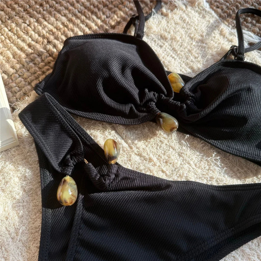 New Sexy Ribbed Brazilian Bikini Padded Bathing Suit Bather Swim Female Swimsuit Two-Pieces Bikini Set Women Swimwear V6343R
