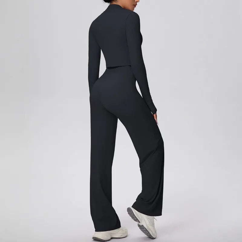 2 Pcs Women's Seamless Yoga Set Long-sleeved Wide-leg Pants Tracksuit Fitness Sports Set High-waisted Hip-lifting Slim-fit Suit
