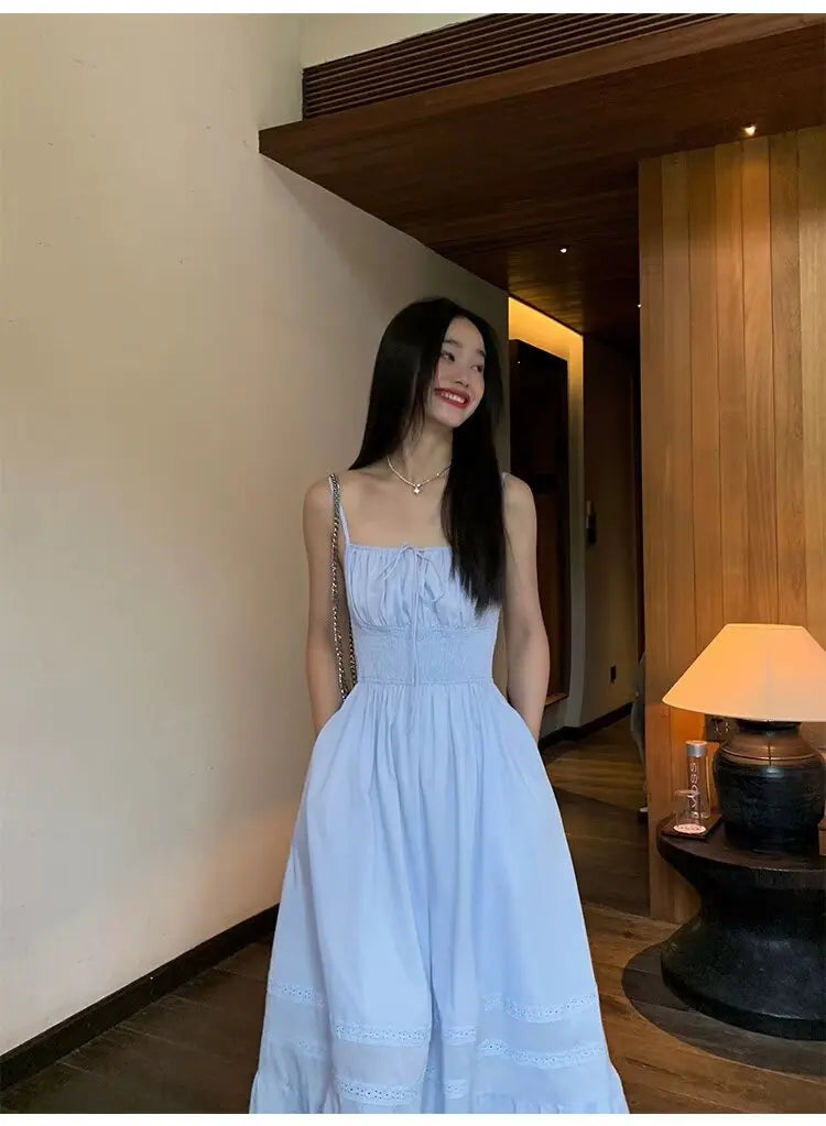 Women's Fashion All-Cotton Strap Long Dress Women's Satin Dress Lace Trim Elegant Evening Wear Dress For Woman Sleeveless GNTG