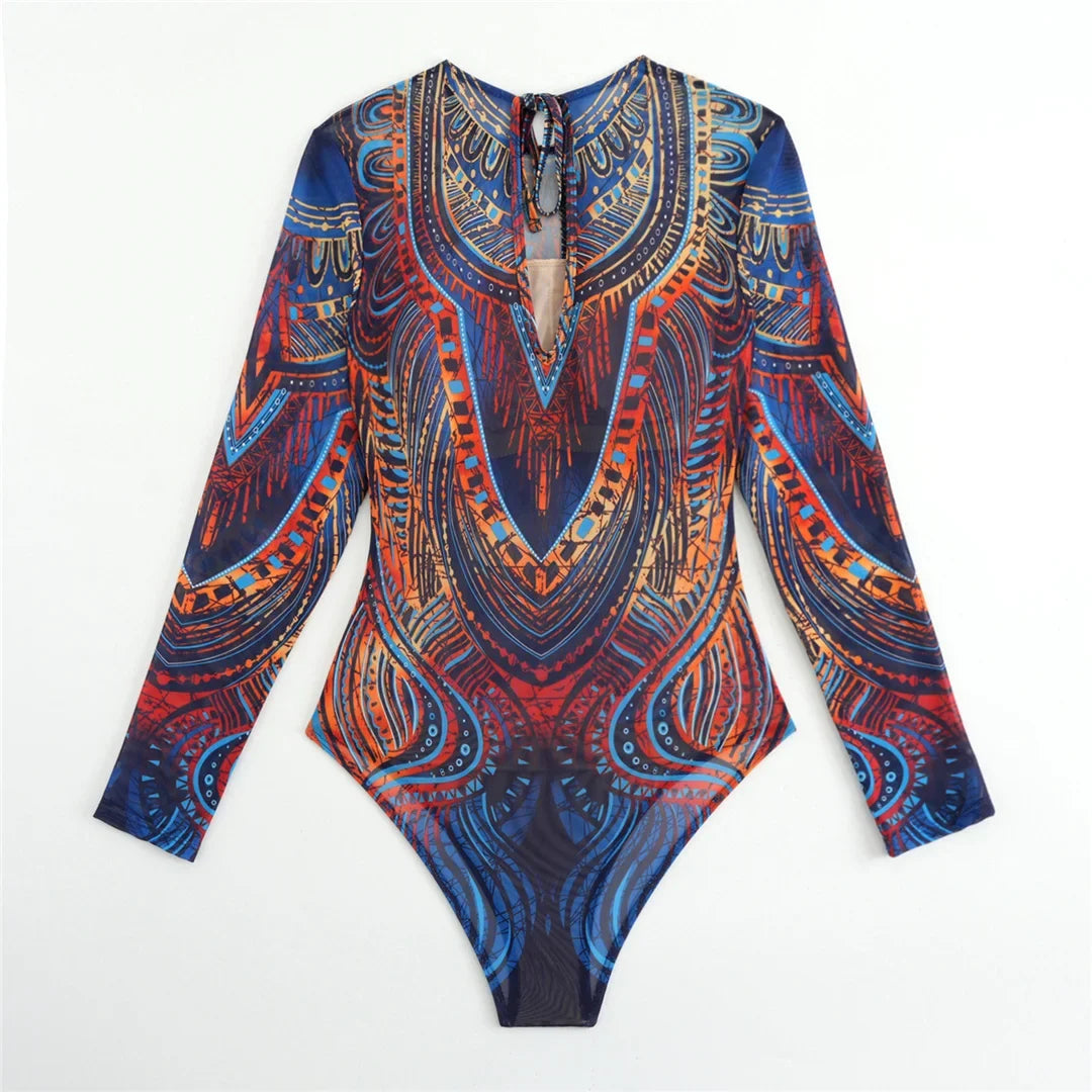 XS - XXL Printed Long Sleeve With Sarong Women Swimwear One Piece Swimsuit Female High Leg Cut Bather Bathing Suit Swim V7136