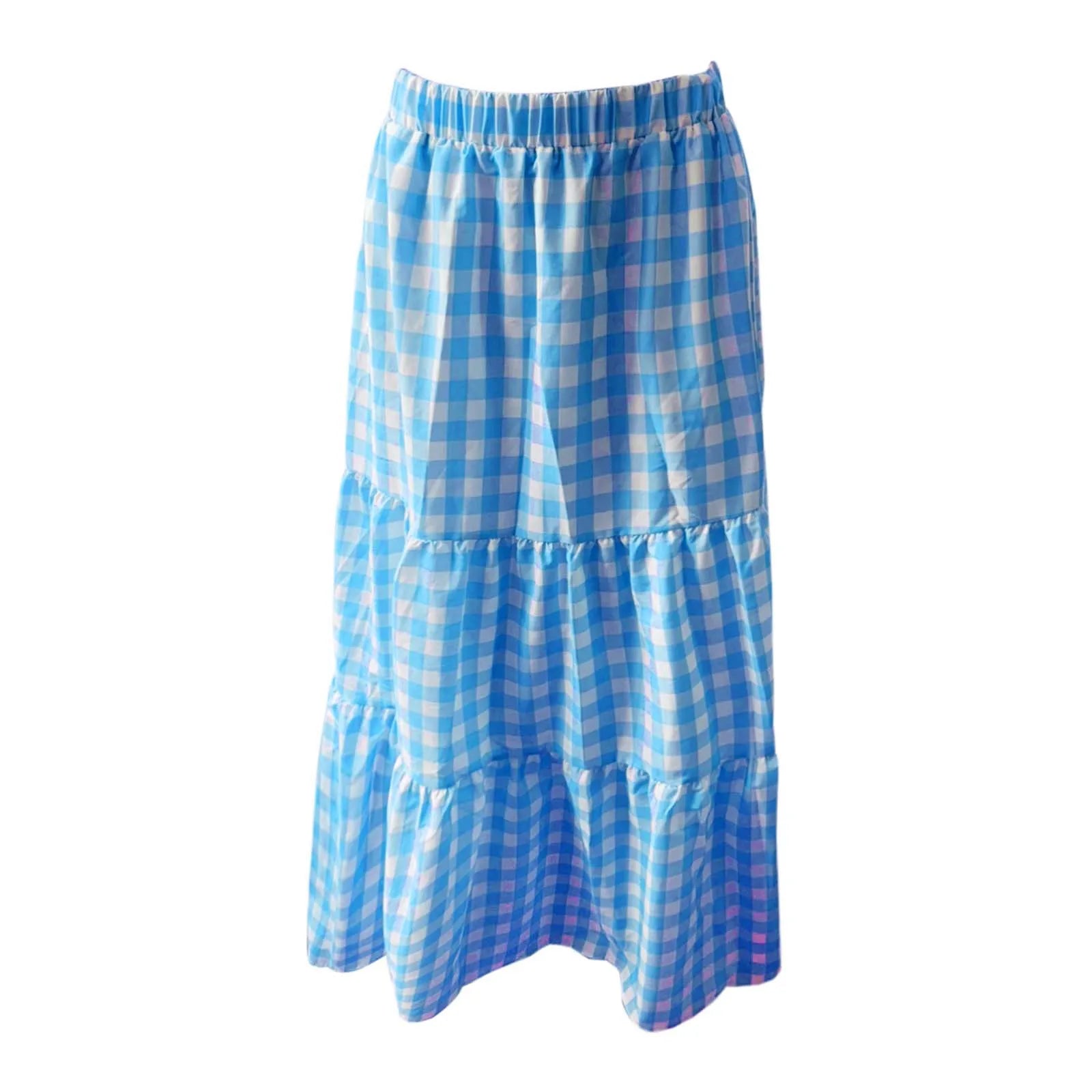 2026 Summer Vintage Checkered Maxi Skirt Women High Waisted Elastic Plaid Ruffle Long Skirts Retro Sweet Cake A  Line Skirts