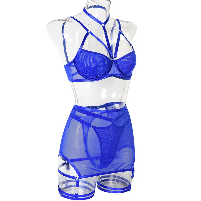 Toucheart Trendy Lingerie 4 Pieces Set Exotic Sexy Bra Eroctic Garter Underwear Set Women's Mesh See-through Luxury Underwear