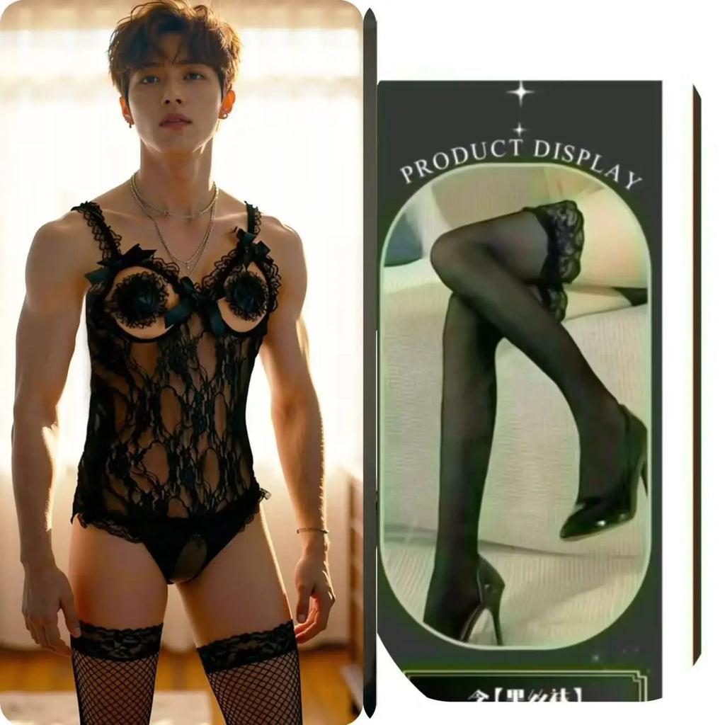 Erotic underwear for men, sexy purple pajamas, lace jumpsuit, open and easy to take off