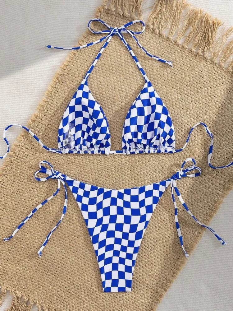 Sexy Pink Plaid Micro Bikini 2026 Women Halter Push Up Bra Tie Side Thong Swimsuit Brazilian Beach Bathing Suit Swimwear Biquini