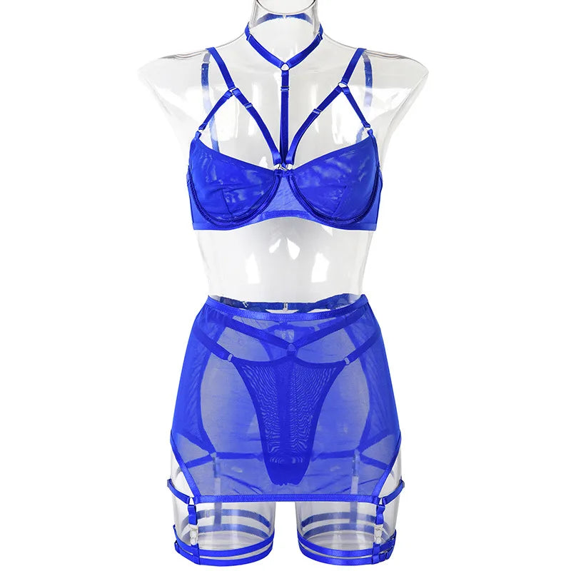 Toucheart Trendy Lingerie 4 Pieces Set Exotic Sexy Bra Eroctic Garter Underwear Set Women's Mesh See-through Luxury Underwear