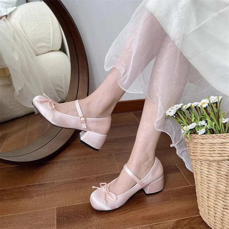 2025 spring cute sweet Bowknot Mary Janes for Women  vintage Silk Med Heels  pumps Ladies  Banquet Wedding Single Shoes Mujer