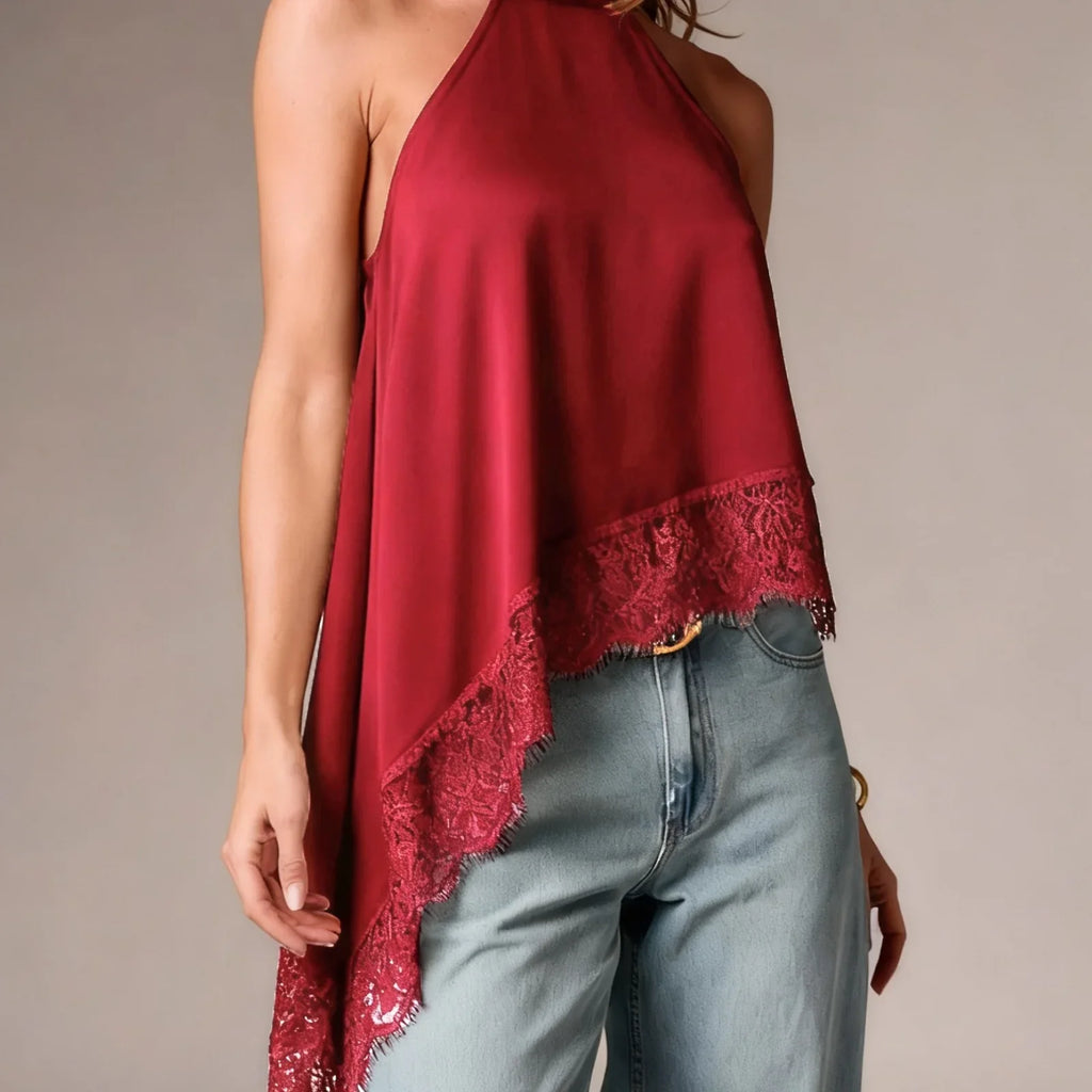 Solid Color Satin Halter Neck Vest for Women Summer Sleeveless Open Back Irregular Lace Hem Tank Tops