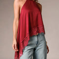 Solid Color Satin Halter Neck Vest for Women Summer Sleeveless Open Back Irregular Lace Hem Tank Tops
