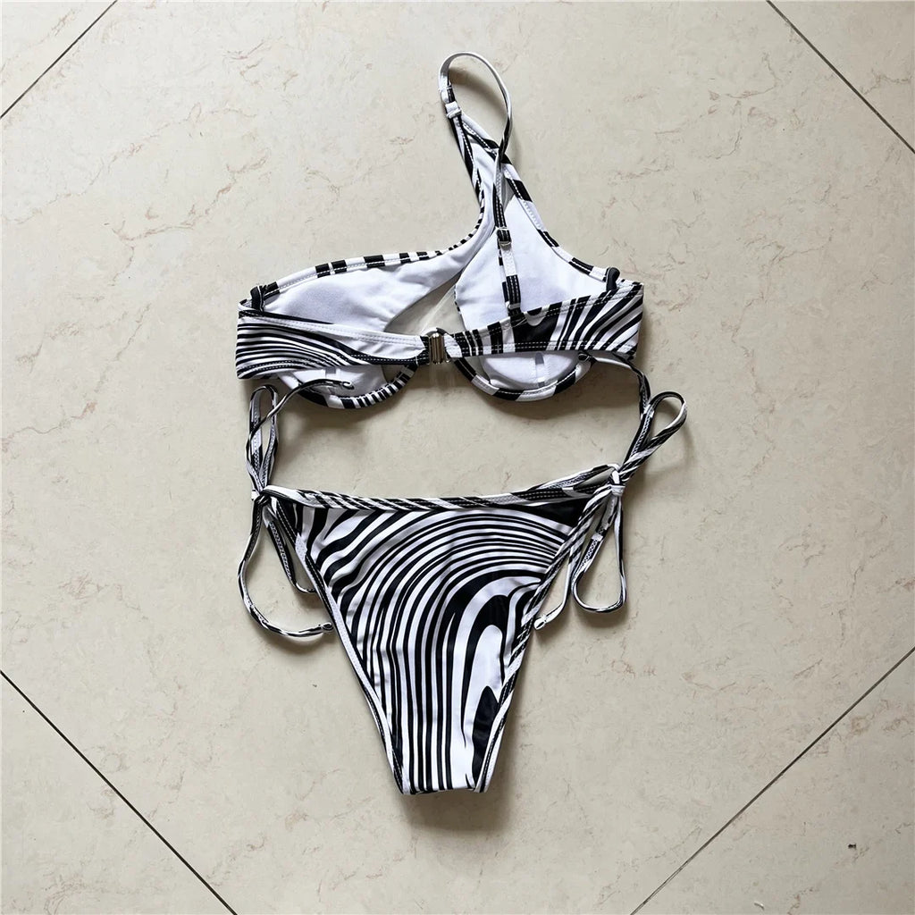 Sexy One Shoulder Underwired V-Bar Bikini Female Swimsuit Women Swimwear Two-pieces Bikini Set Bather Bathing Suit Swim V4229