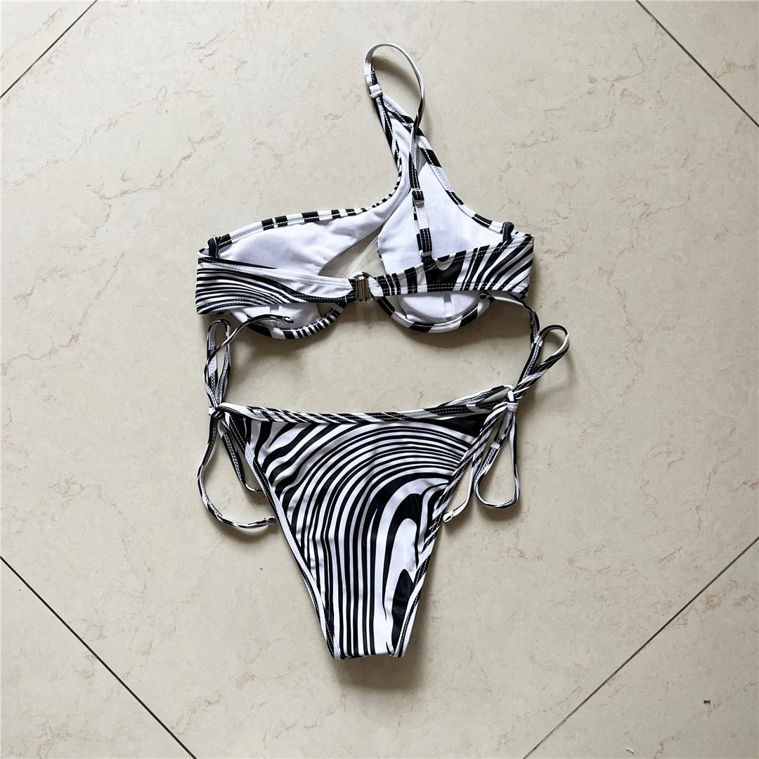 Sexy One Shoulder Underwired V-Bar Bikini Female Swimsuit Women Swimwear Two-pieces Bikini Set Bather Bathing Suit Swim V4229