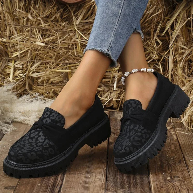 Leopard Faux Suede Loafers Shoes for Women Plus Size Platform Shoes Woman Bowknot Decoration Slip On Casual Shoes Mujer