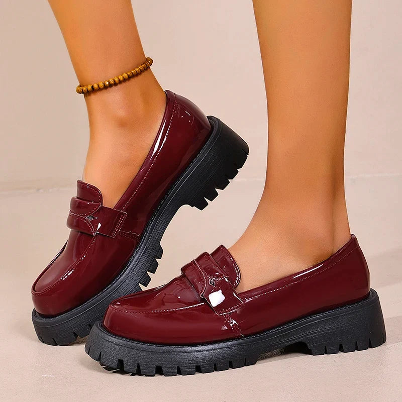 British Style Platform Loafers for Women Plus Size 43 Thick Heel Commute Work Shoes Ladies Comfort Thick Sole Pu Leather Shoes