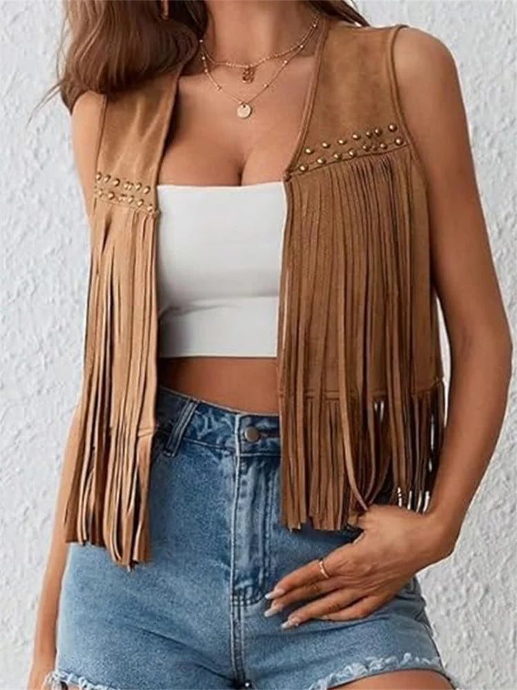 Suede Tassel Vest Women's 70s Hippie Outfit Sleeveless Open Front Vest Western Jacket