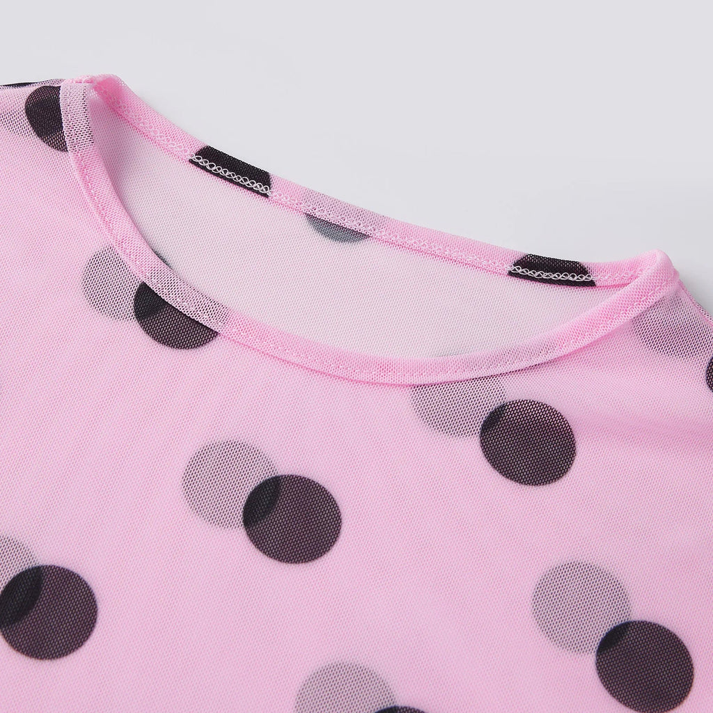 Women’s Spring Summer Crew Neck Mesh T-Shirts Long Sleeve Dots Print Slim Fit Transparent Classic Tops