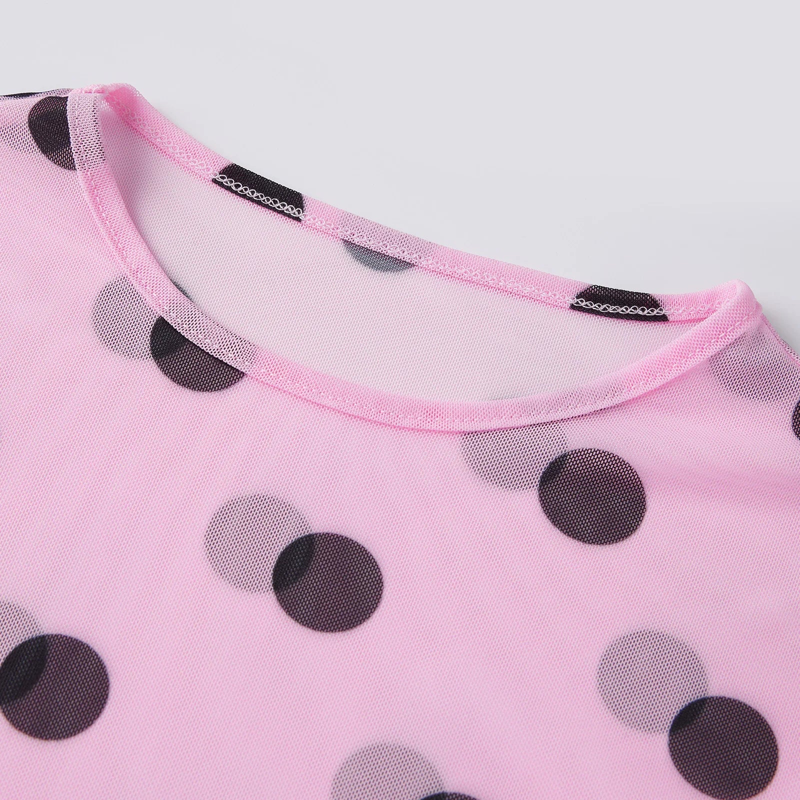 Women’s Spring Summer Crew Neck Mesh T-Shirts Long Sleeve Dots Print Slim Fit Transparent Classic Tops