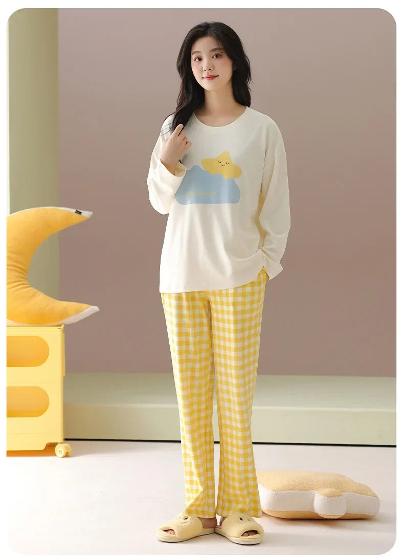 Pure cotton pajamas for women, long-sleeved trousers, can be worn outside, pure cotton home clothes, Class A antibacterial 100%
