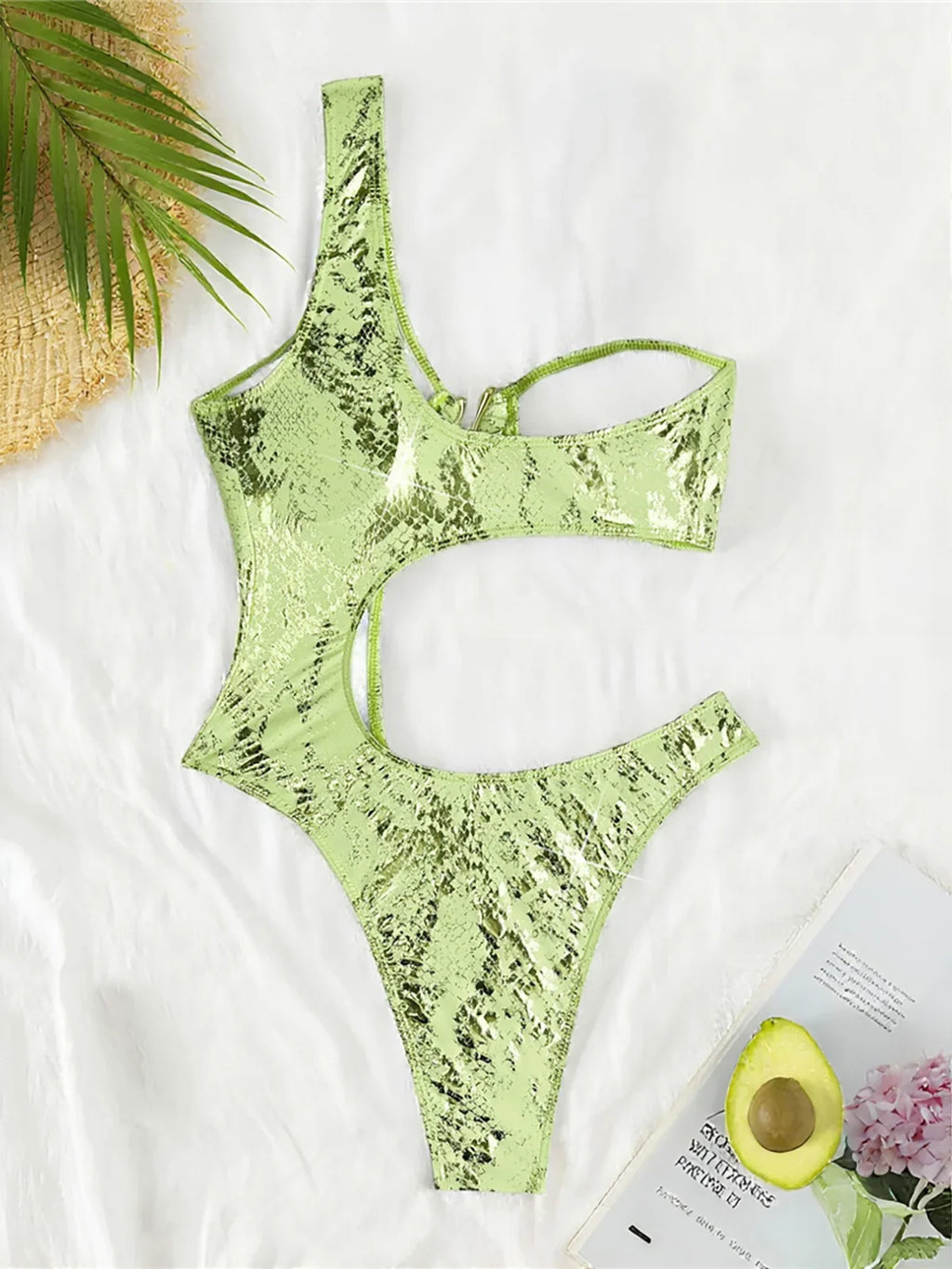 S - XL Asymmetric Printed Cut Out One Piece Swimsuit Women Swimwear Female One Shoulder Padded Bather Bathing Suit Swim K7318