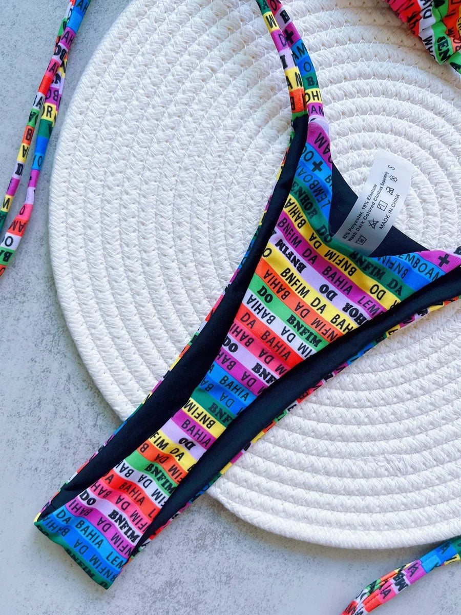 2026 Letters Print Colorful Micro Mini Thong Bikini Women Swimwear Female Swimsuit Two-pieces Bikini Set Bathing Suit Swim Lady