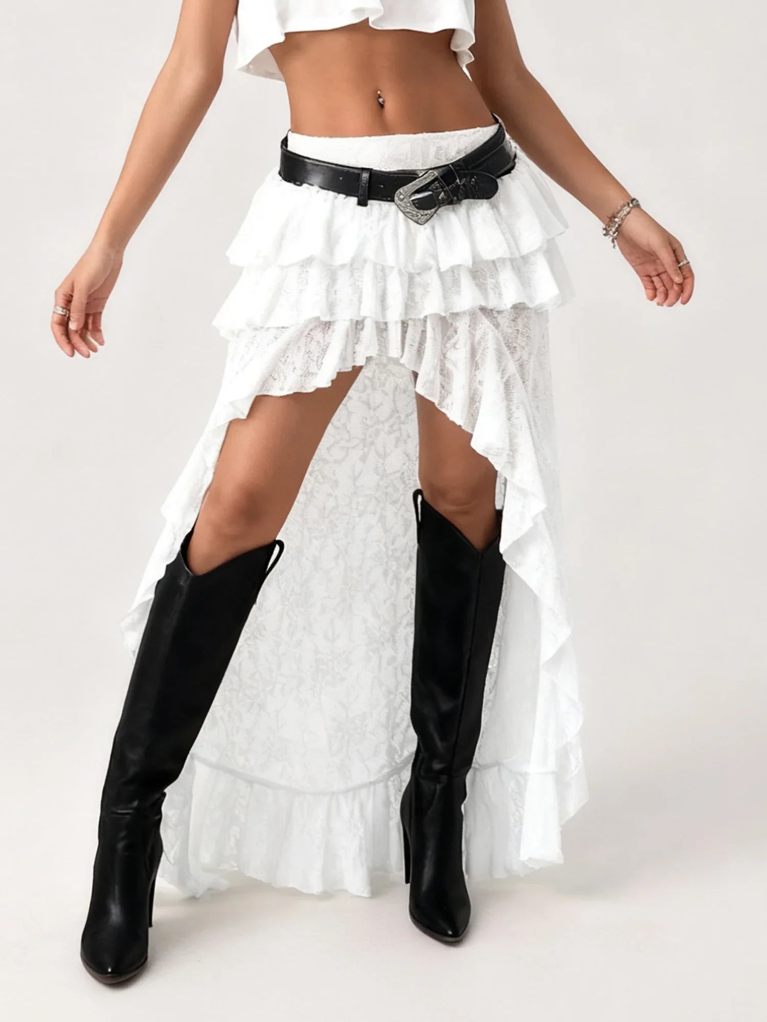 Summer Women Flower Lace Long Skirt Elastic High Waist Layered Ruffle Irregular Skirt Streetwear
