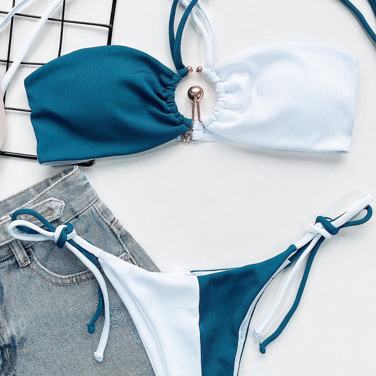 Bikini 2026 Sexy Patchwork Metal Ring Double-rope Halter Swimwear Swimsuit Women Bikinis Set Bathing Suit Beach Bikini Female