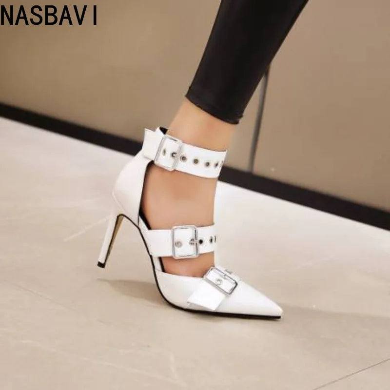 NASBAVI Black Punk Gothic High Heels Sexy Plus Size Pointed Toe Fashion Buckle Rivet Women Pumps Wedding Shoes Stiletto Heels