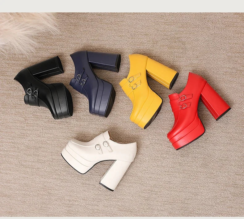Plus Size Double Row Small Buckle Side Zipper Square Toe Double Layer Platform High Thick Heel Women's Pumps Shallow High Heels