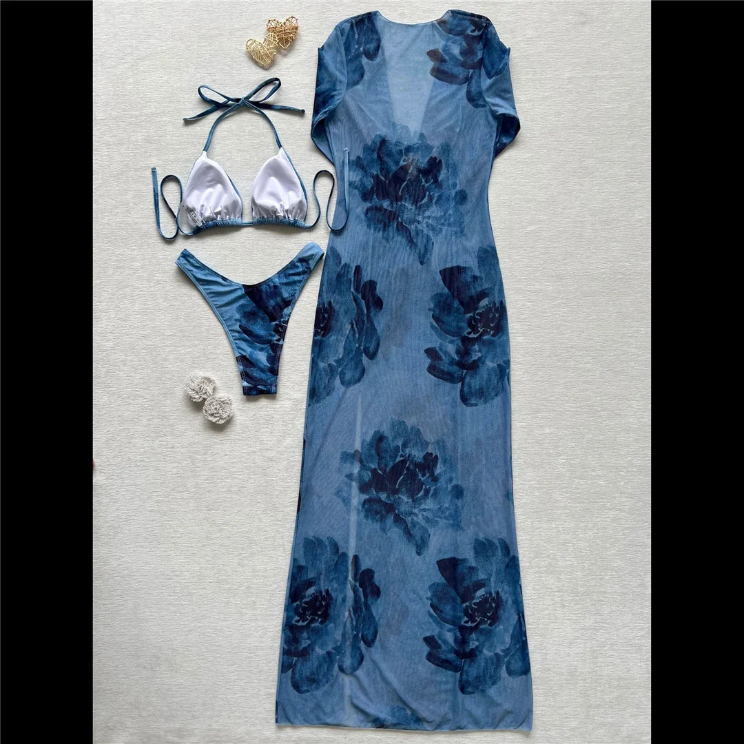 With Long Sleeve Cover Up Printed Bikini Women Swimwear Female Swimsuit Three-Pieces Bikini Set Bather Bathing Suit Swim V8389