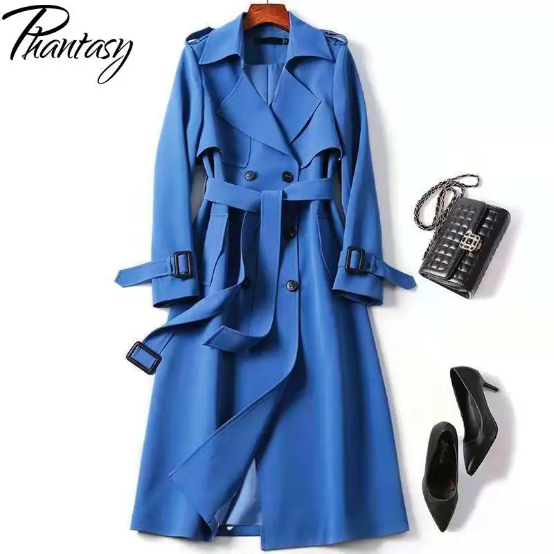 Phantasy Trench Coat Women Long Sleeve Jacket British Style Long Cloack Lace Up Elegant Office Lady Trench Spring Autumn Outfit