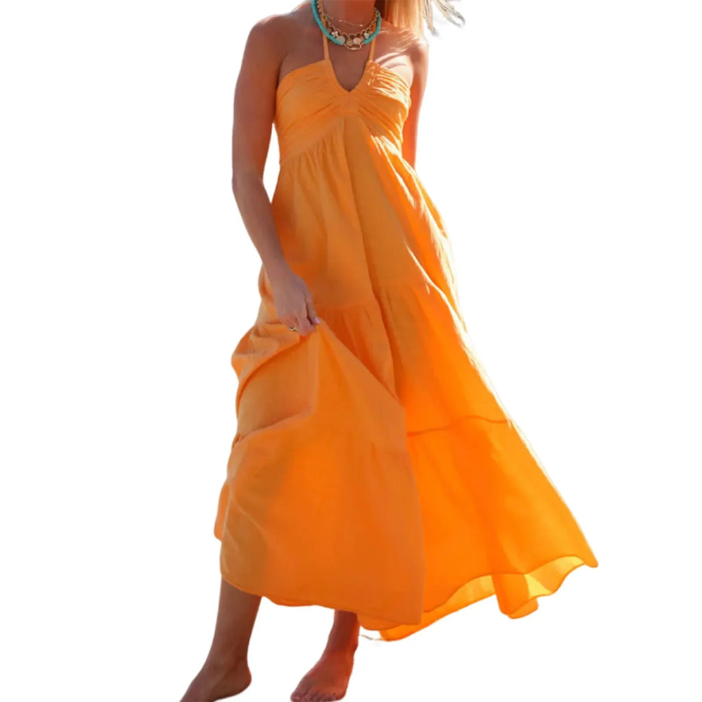 Women Summer Halter Neck Dress Sleeveless Backless Ruffle Hem Flowy Solid Color Dress for Party Beach Club Streetwear Casual