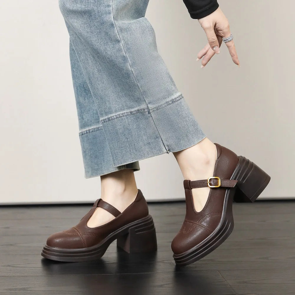 Ladies Retro Style High Heel Single Shoes for Women Platform Thick Heel Buckle Design Casual Loafers T-strap Leather shoes New