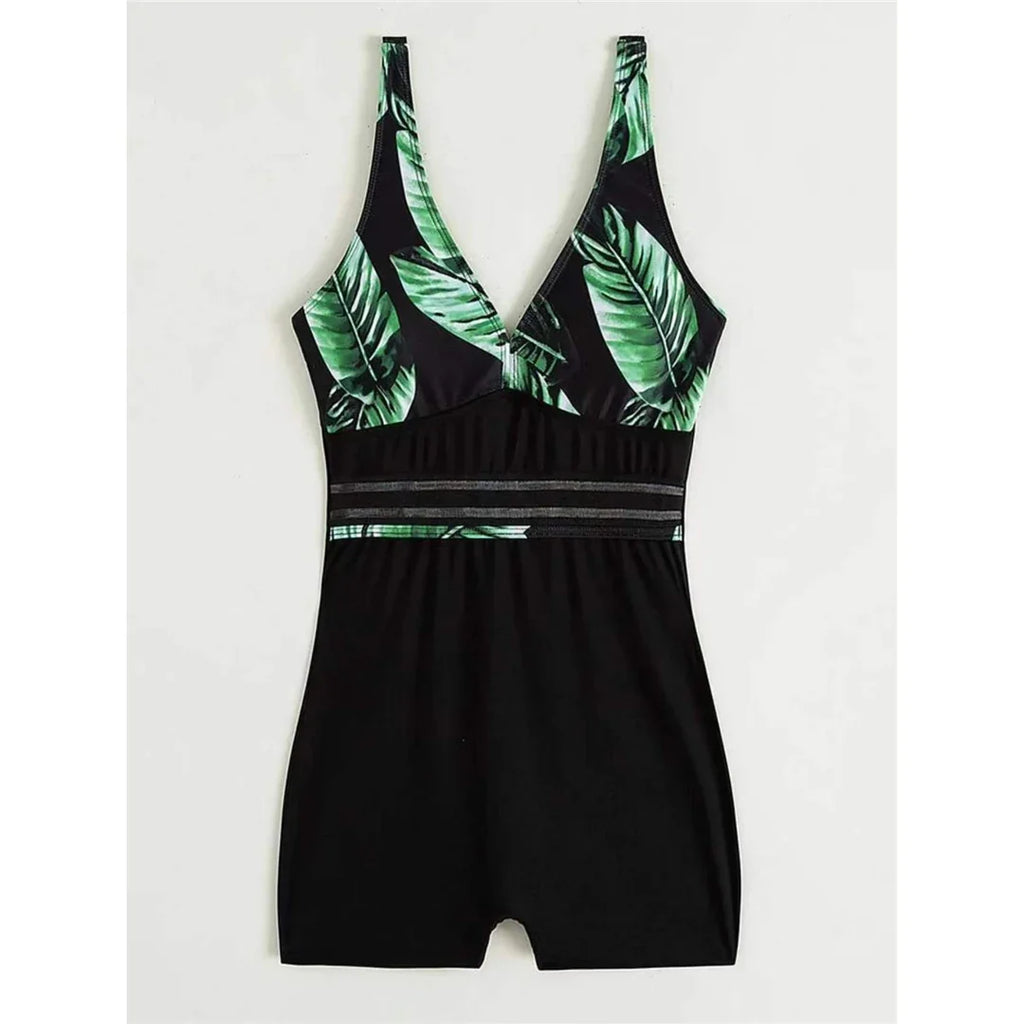 New V Neck Leaves Printed Shorts One Piece Swimsuit Women Swimwear Female Monokini Padded Bather Bathing Suit Swim Lady K4142