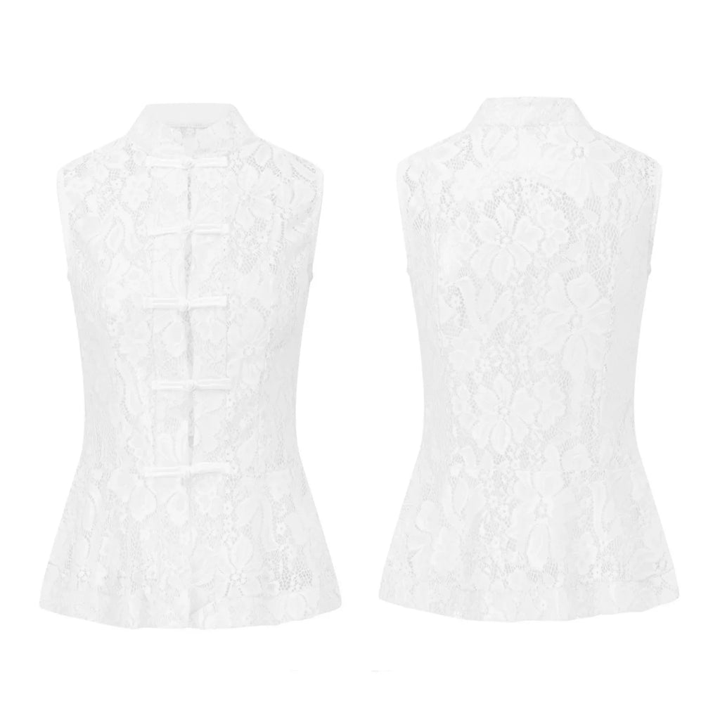 2026 Summer Women's Retro Lace Tops Elegant Mandarin Collar Chinese Frog Buttons Peplum Sleeveless Vest Blouses