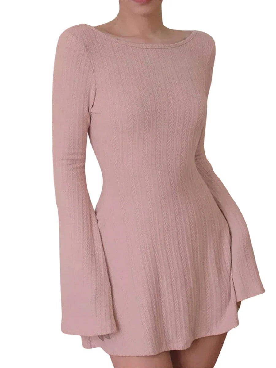 Women Spring Autumn Mini Dress Long Sleeve Crew Neck Backless Solid Color A-line Dress for Party Club