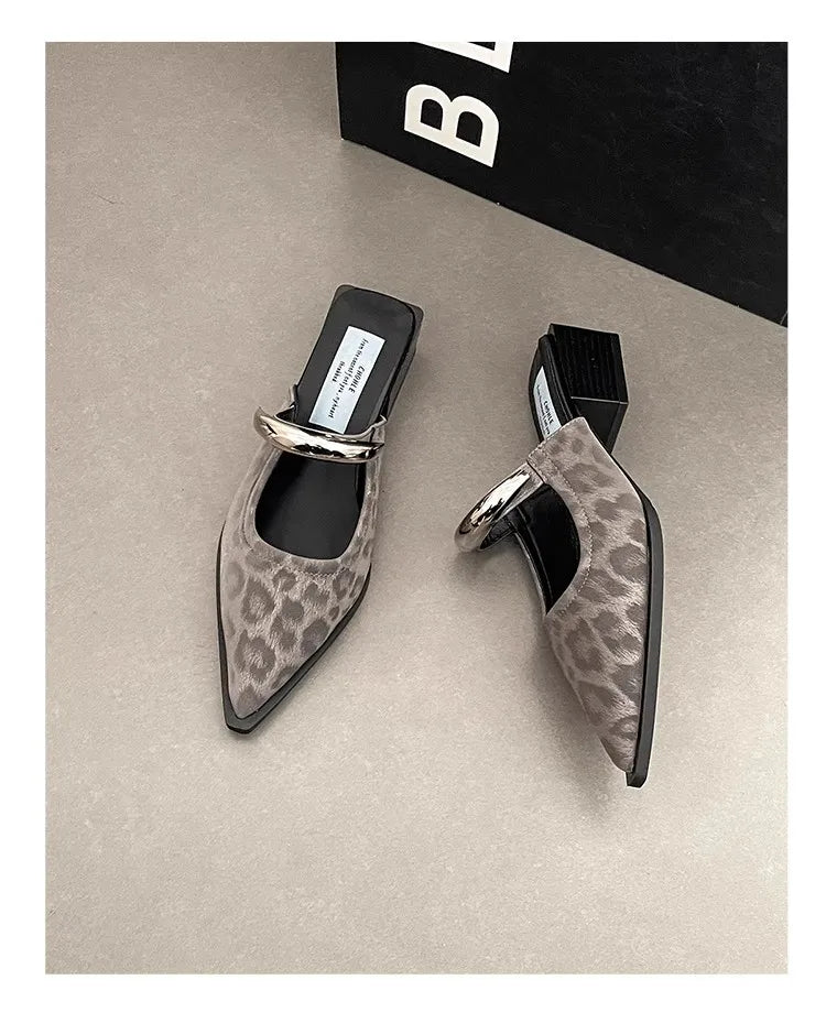 2026 New Summer Women Cover Toe Mules Slippers Fashion Metal Decoration Thick Heel Slide Shoes Comfort Street Style Footwear