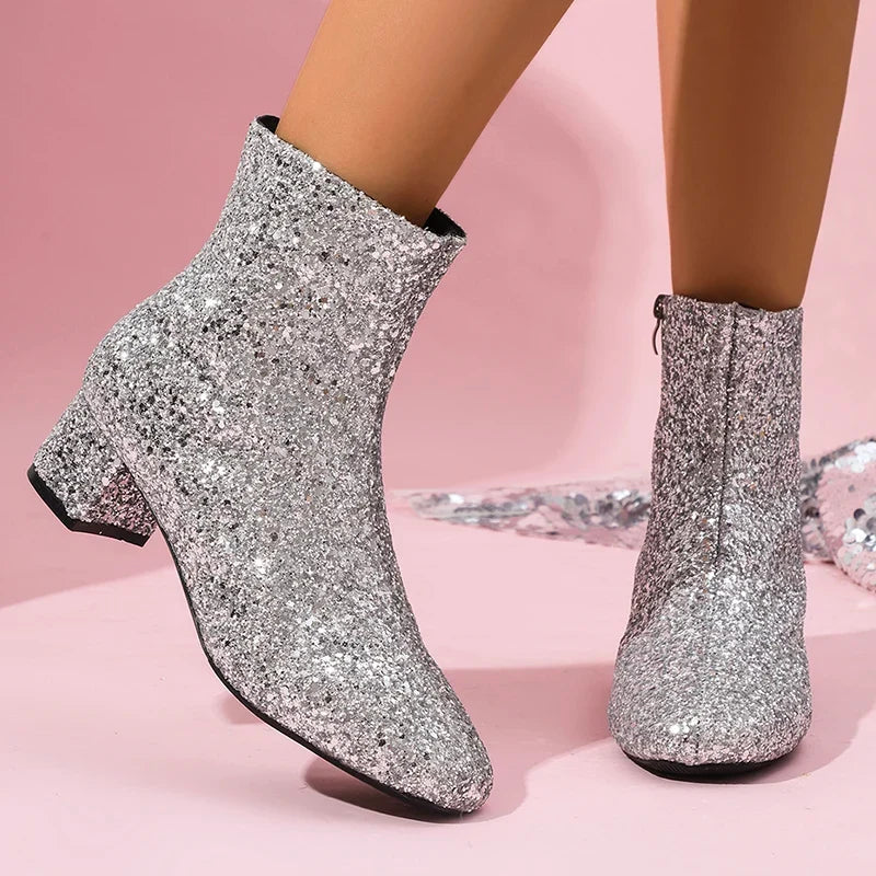 Women's Sparkling Silvers Glitter Ankle Boots Fashion Chunky Mid Heel Zipper Short Boots Women Round Toe Plus Size Botas Mujer