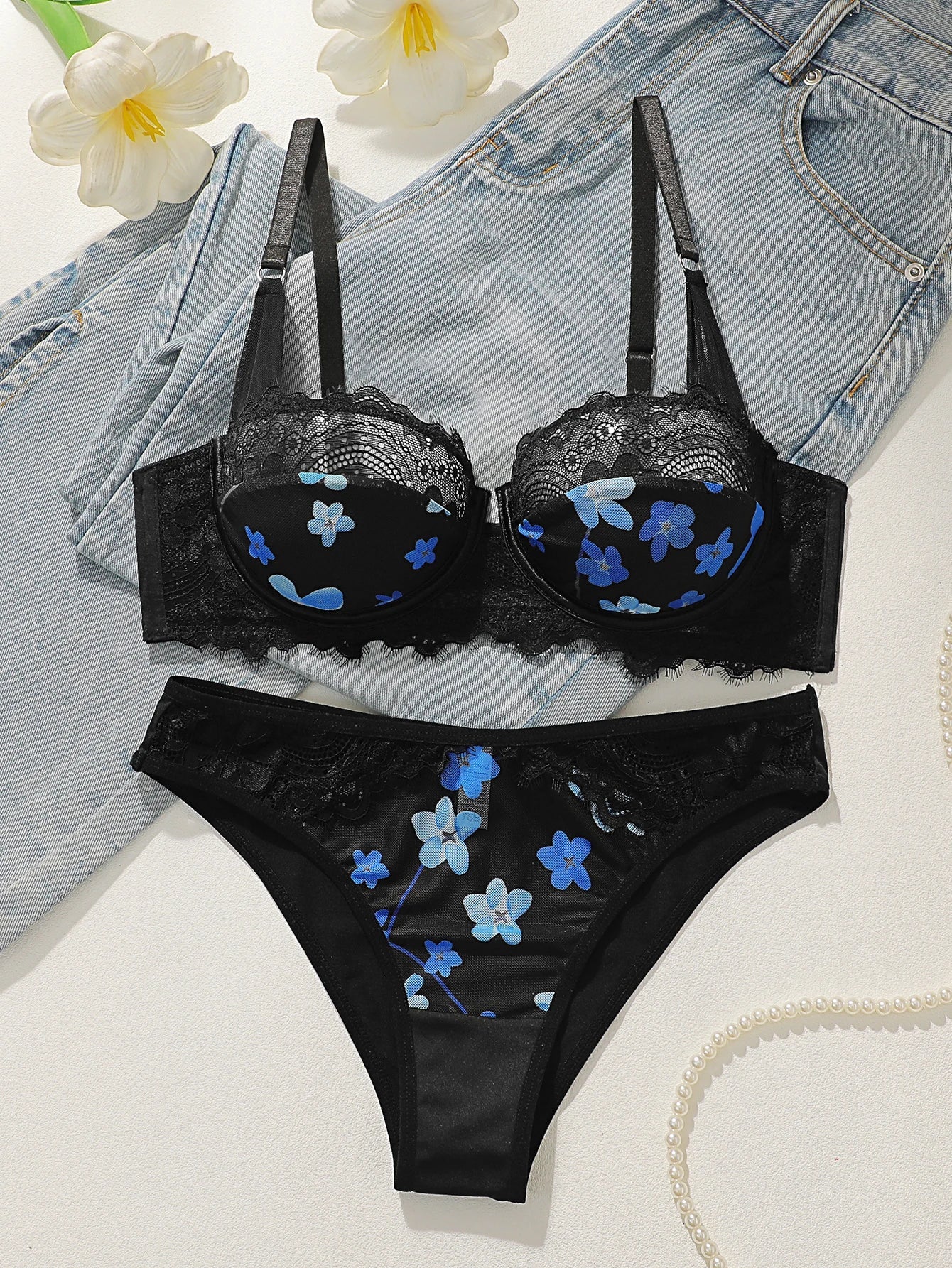 Women's Sexy Lace Splice Floral Pattern Bra Set with Steel Ring Gathered Support Easy Wash Quick Dry Underwear Set YS2991