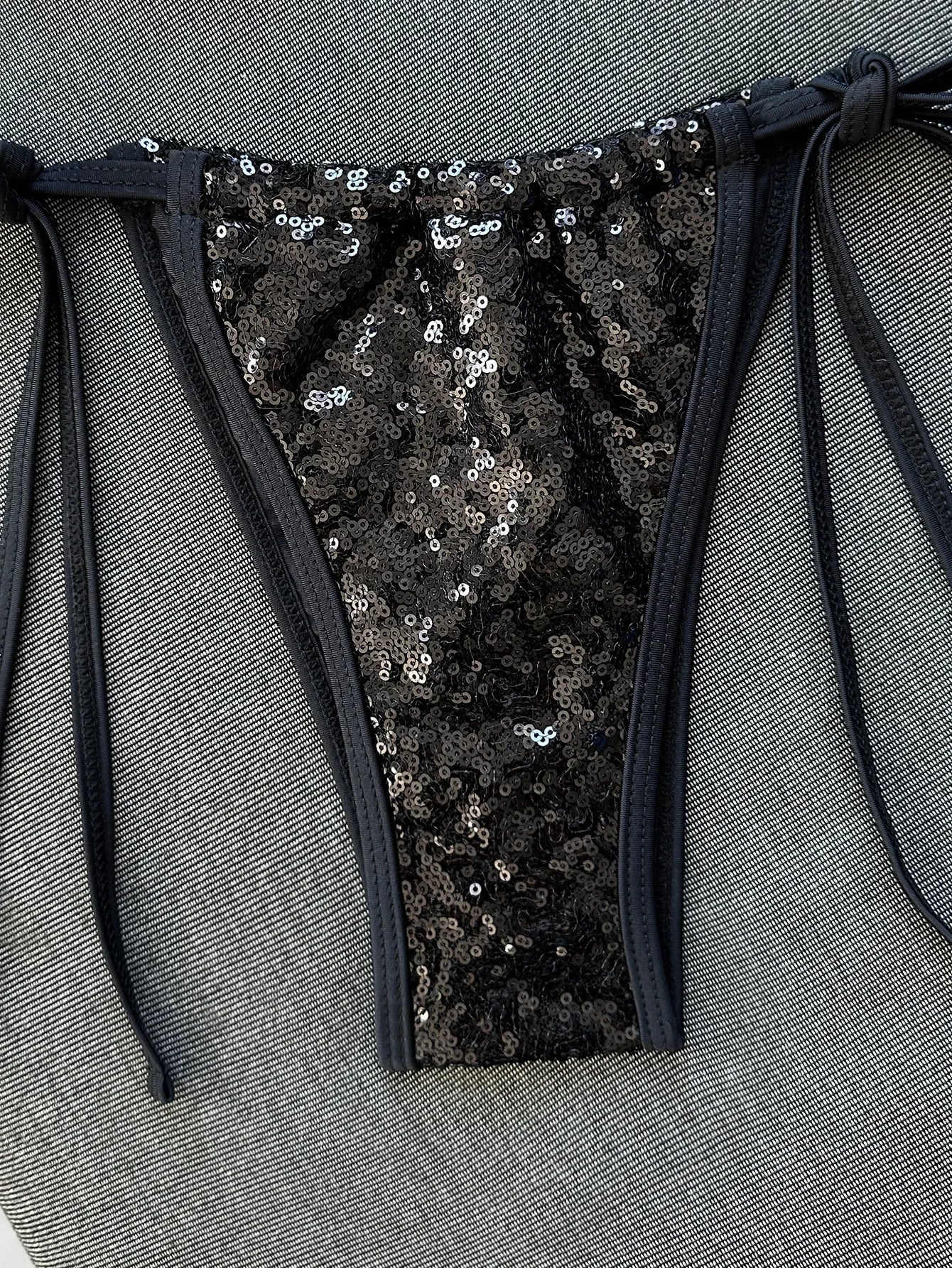 Sexy Shiny Sequin Black Bikini Set 2026 Women Push Up Bra Tie Side Thong Swimsuit Beach Bathing Suit Hoiday Swimwear Biquini