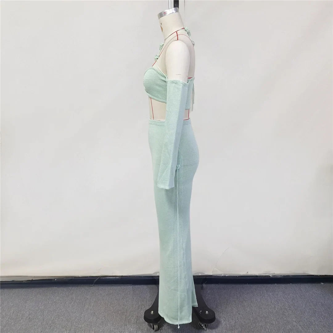 Sexy Knitted Sling Long Skirts Woman's Set Casual Slim Solid Lace Up Tube Tops Slit Skirt Sets Female Summer Beach Dress V6187