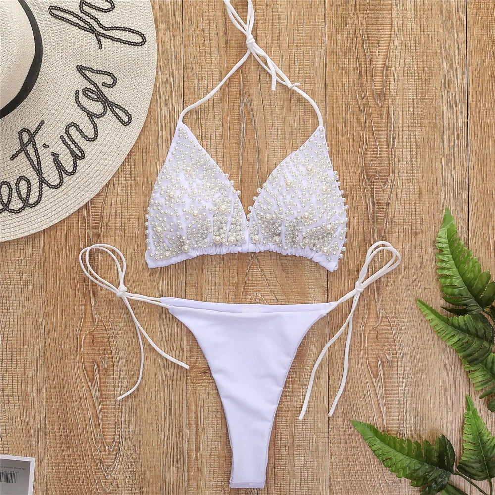 Sexy Micro Bikini Women Solid Black White Pearl Designer Swimsuit 2026 Luxury Beach Push Up Bathing Suit Thong Swimwear Biquini