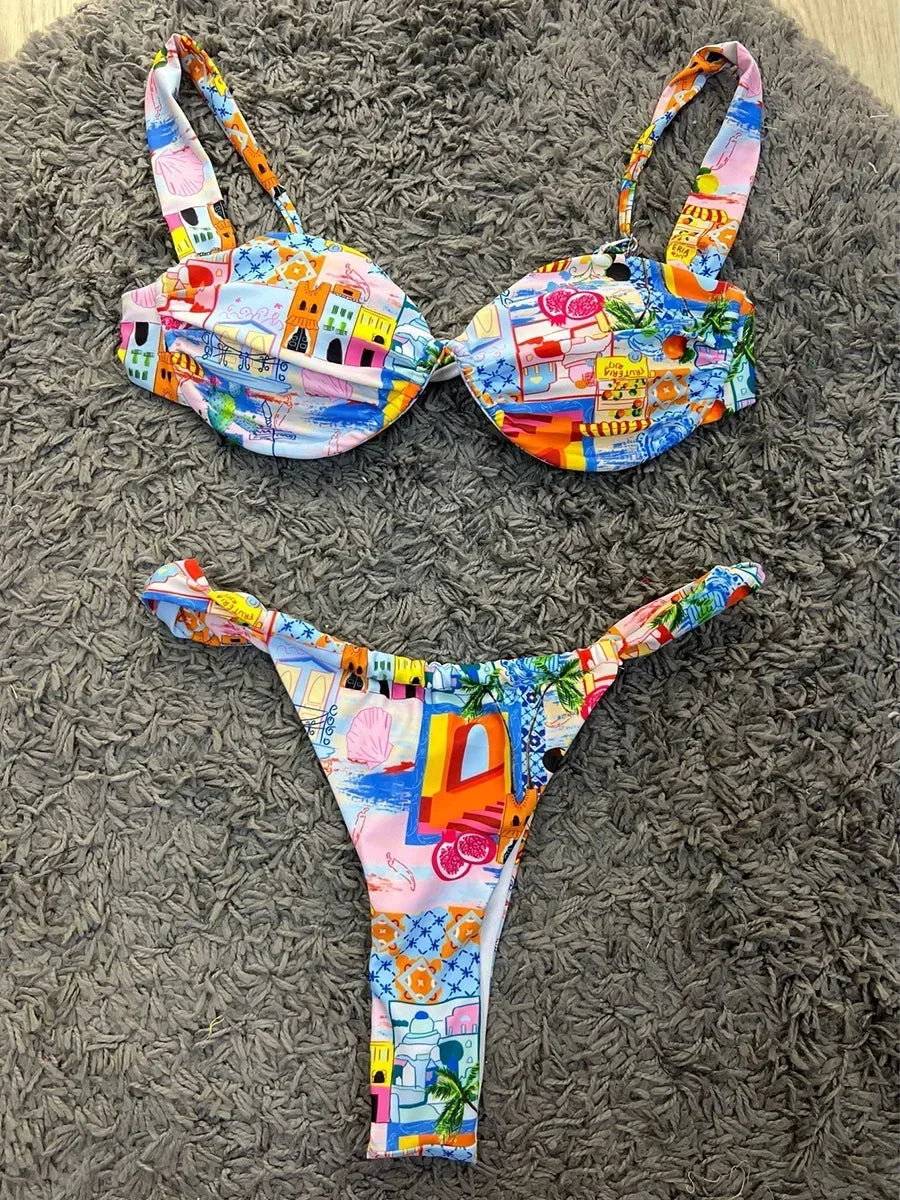 Printed Mini Thong V-bar Underwired Bikini Female Swimsuit Women Swimwear Two-pieces Bikini Set High Cut Bathing Suit Swim Lady