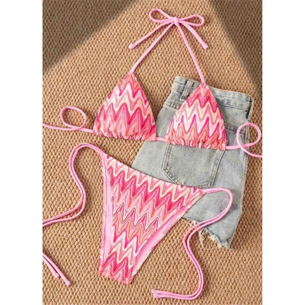 Printed Halter Bikini Female Swimsuit Women Swimwear Two-Pieces Bikini Set High Leg Cut Strappy Bather Bathing Suit Swim V8176