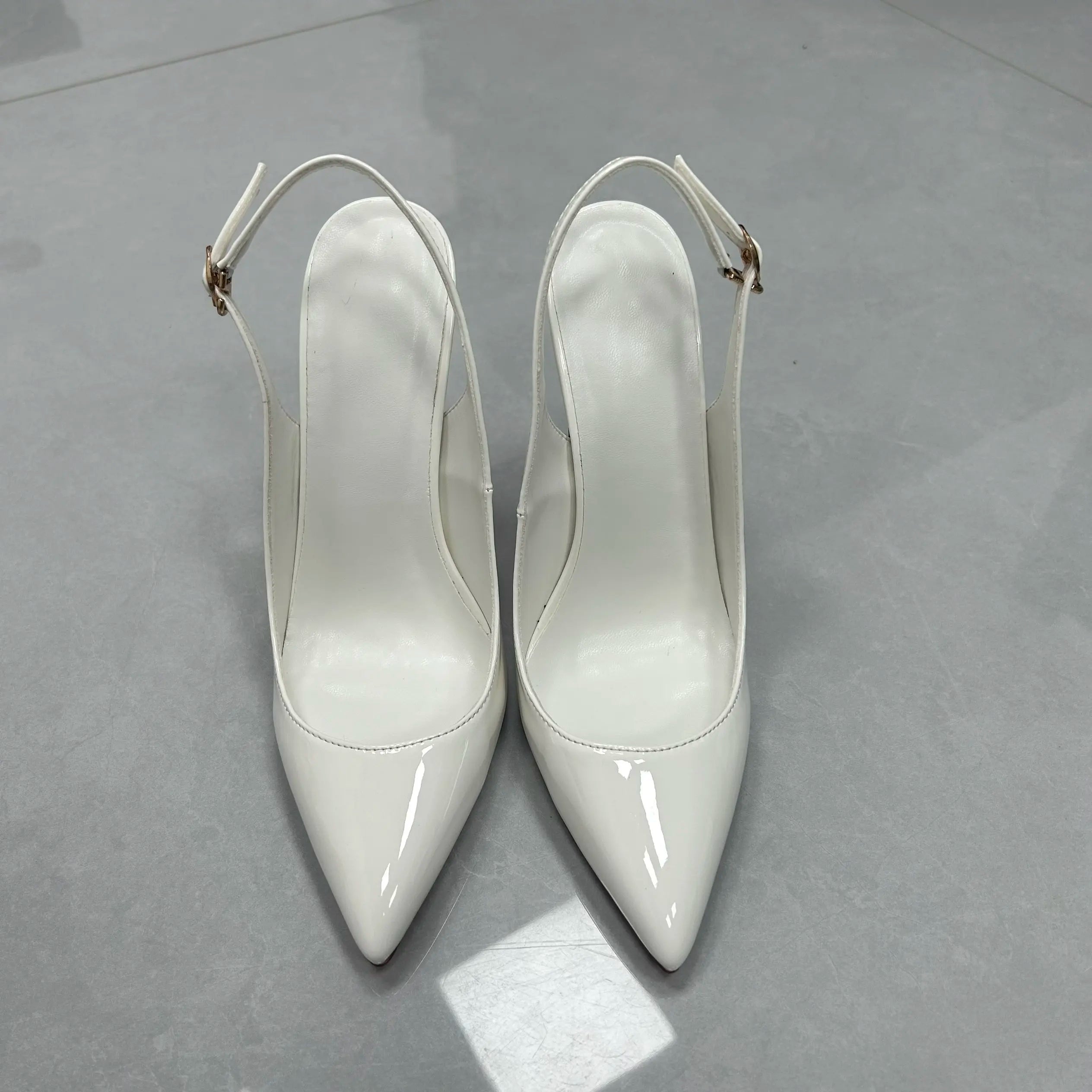 Women White Patent Leather Slingback Pumps Pointed Toe Thin Stiletto High Heels Buckle Strap Dress Shoes for Wedding Party Offic
