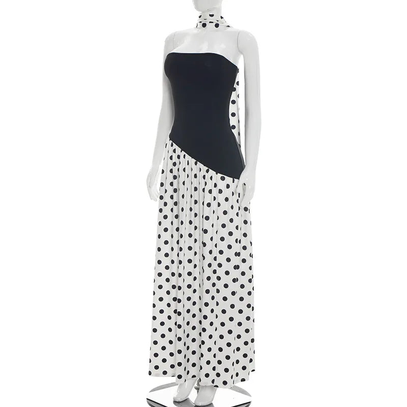 FDYOUI Elegant Bandage Polka Dot Patchwork Evening Dresses Women's 2026 Summer Off Shoulder High Slit Pleated Long Party Dress