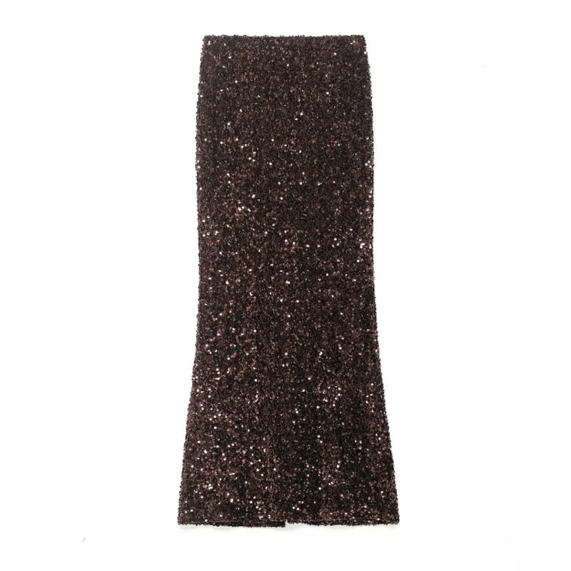 Women's Fashion Sequined Long Dress Womens Brown Sequin Mermaid Maxi Skirt High Waist Bodycon Flare Party Skirt Pure Desire N3OM