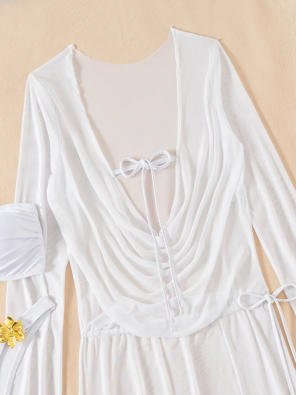 sexy white bandeau metal flower bikinis sets 3pcs with mesh long sleeve wrinkled tie mini dress swimsuit bathing suit biquini